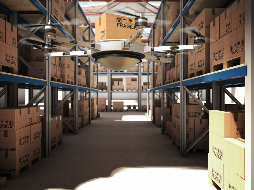 drone work in classic warehouse 3d image